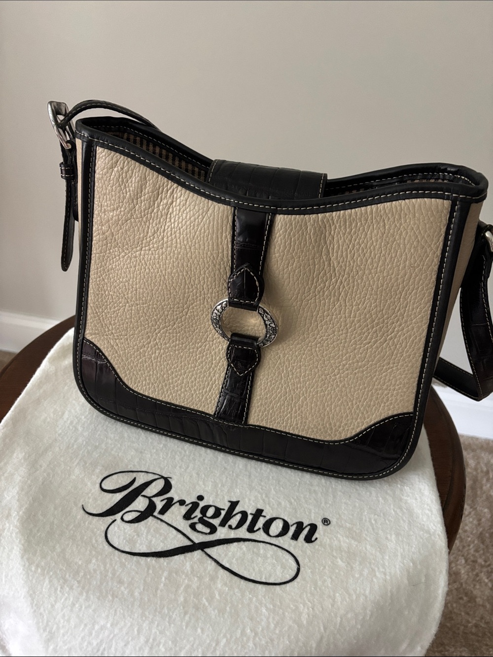 Brighton Cream and Black Leather Shoulder Bag with Silver Accent
